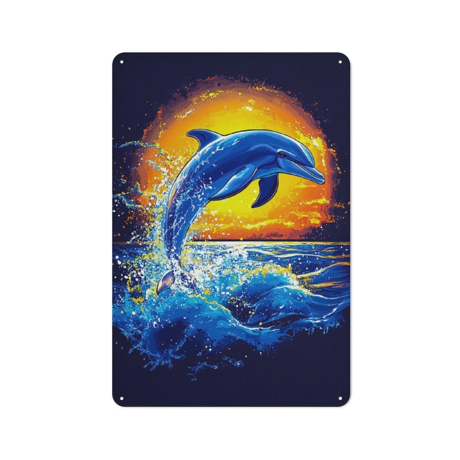 Junmoney Dolphin Sunset Jump Retro Metal Plaque 30X20cm For Bar Or Restaurant, Suited To Restaurant Interior Fans