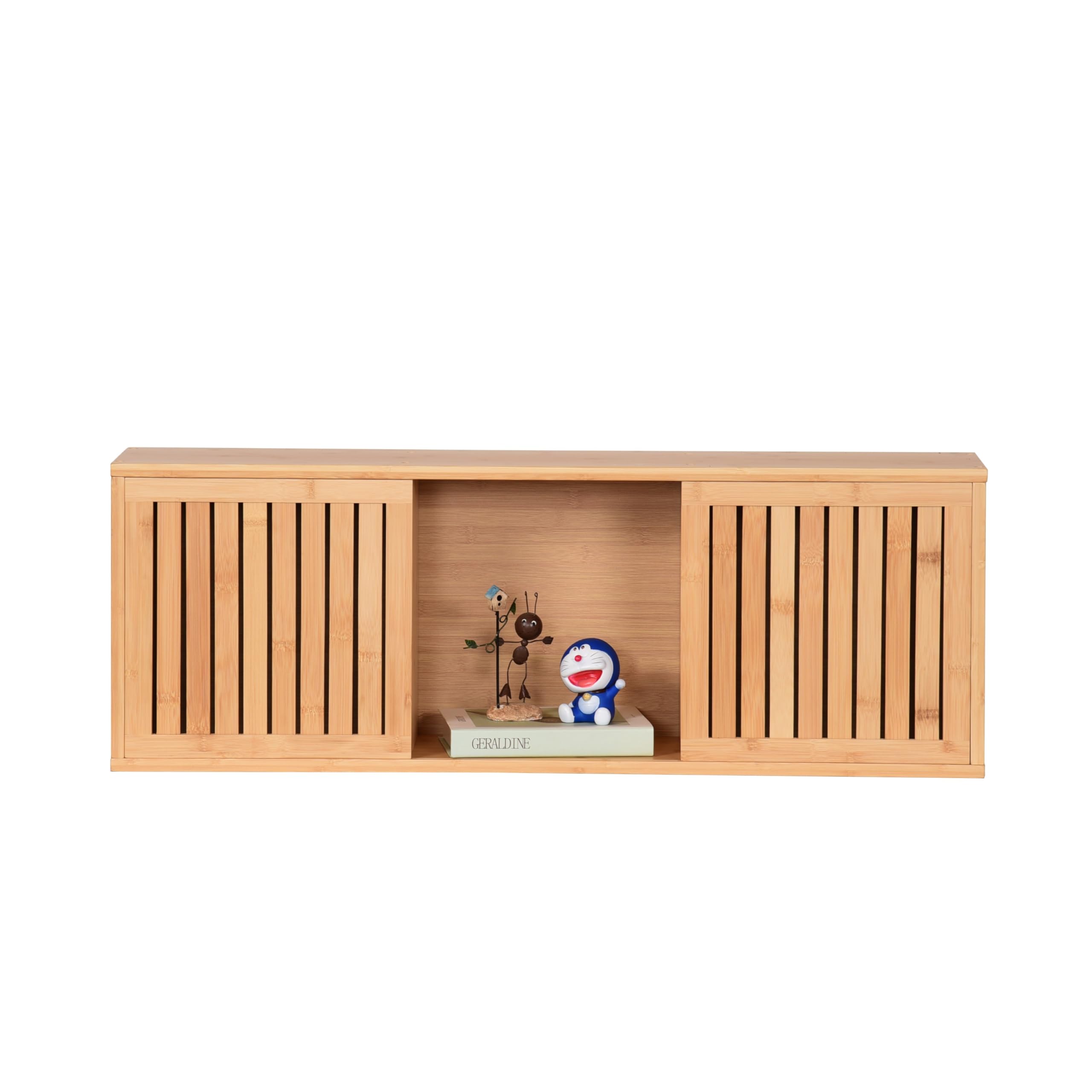 Regał wiszący z drzwiami przesuwnymi, regał ścienny z bambusa, regał łazienkowy, regał kuchenny, regał w stylu japońskim, 93 x 20 x 33 cm, naturalny