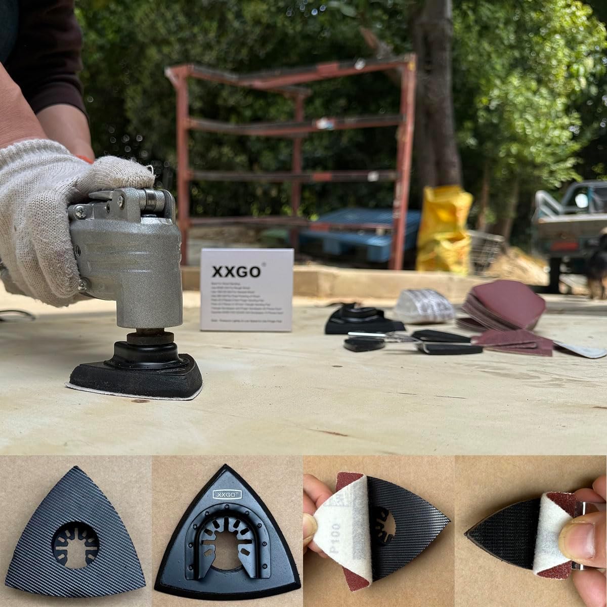 XXGO Oscillating Multi Tool Sanding Kit - 105 Pcs Including Triangle & Finger Sanding Pads, 100 Pcs Multi Tool Sandpaper for Wood