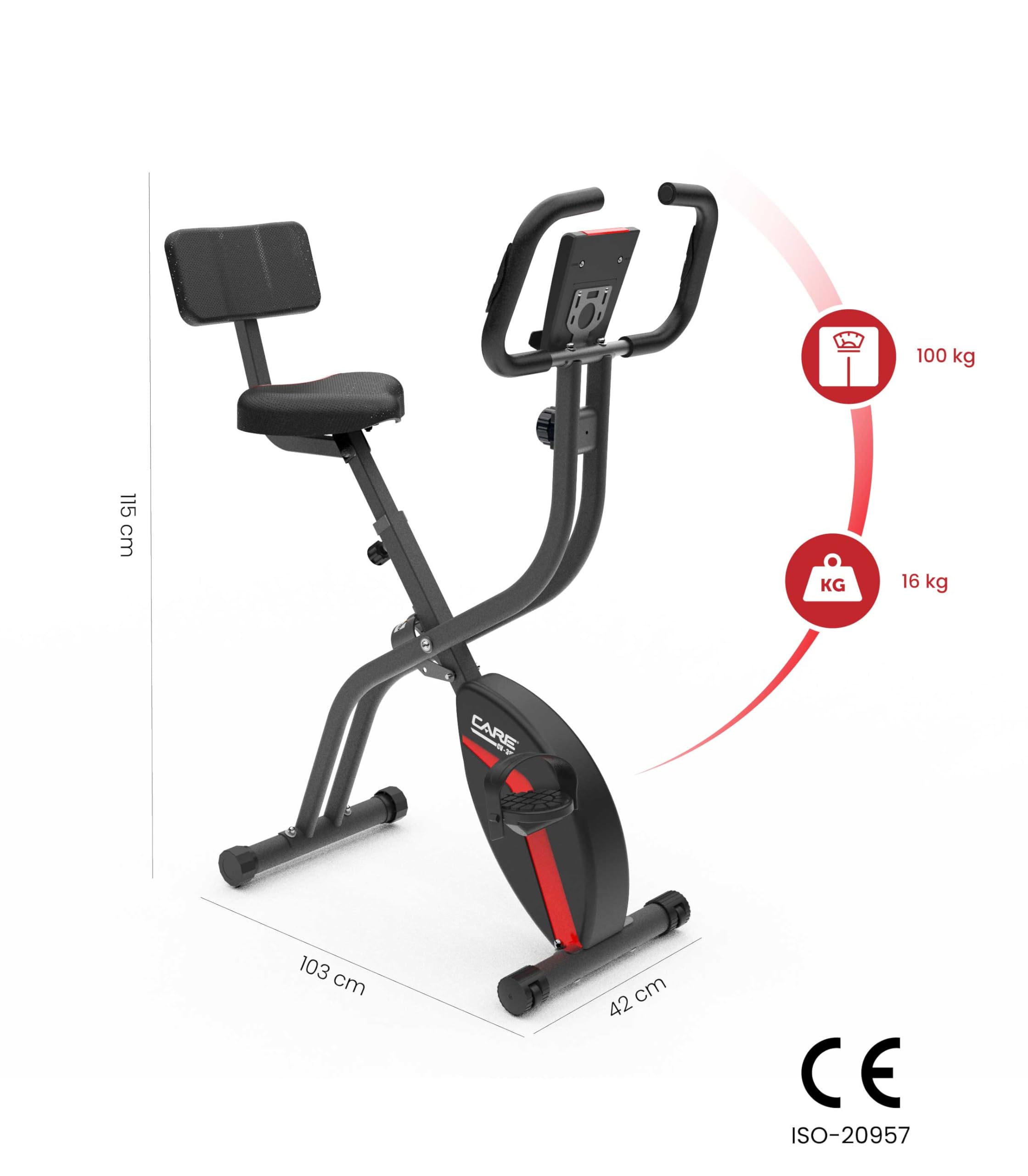 Care Fitness - Cyclette Pieghevole - CV-315-7 Funzioni - Pedali ponderati & Sanglati per una buona Tenuta - 10 Livelli di Resistenza - Frenata Magnetica