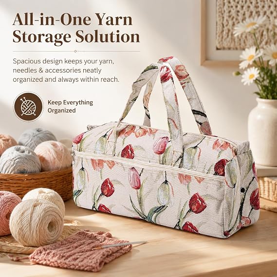 Large Fabric Knitting Bag 15.75in with Handle | Yarn Wool Storage, Crochet Craft Organiser, Sewing Tools Holder