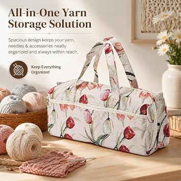 Large Fabric Knitting Bag 15.75in with Handle | Yarn Wool Storage, Crochet Craft Organiser, Sewing Tools Holder