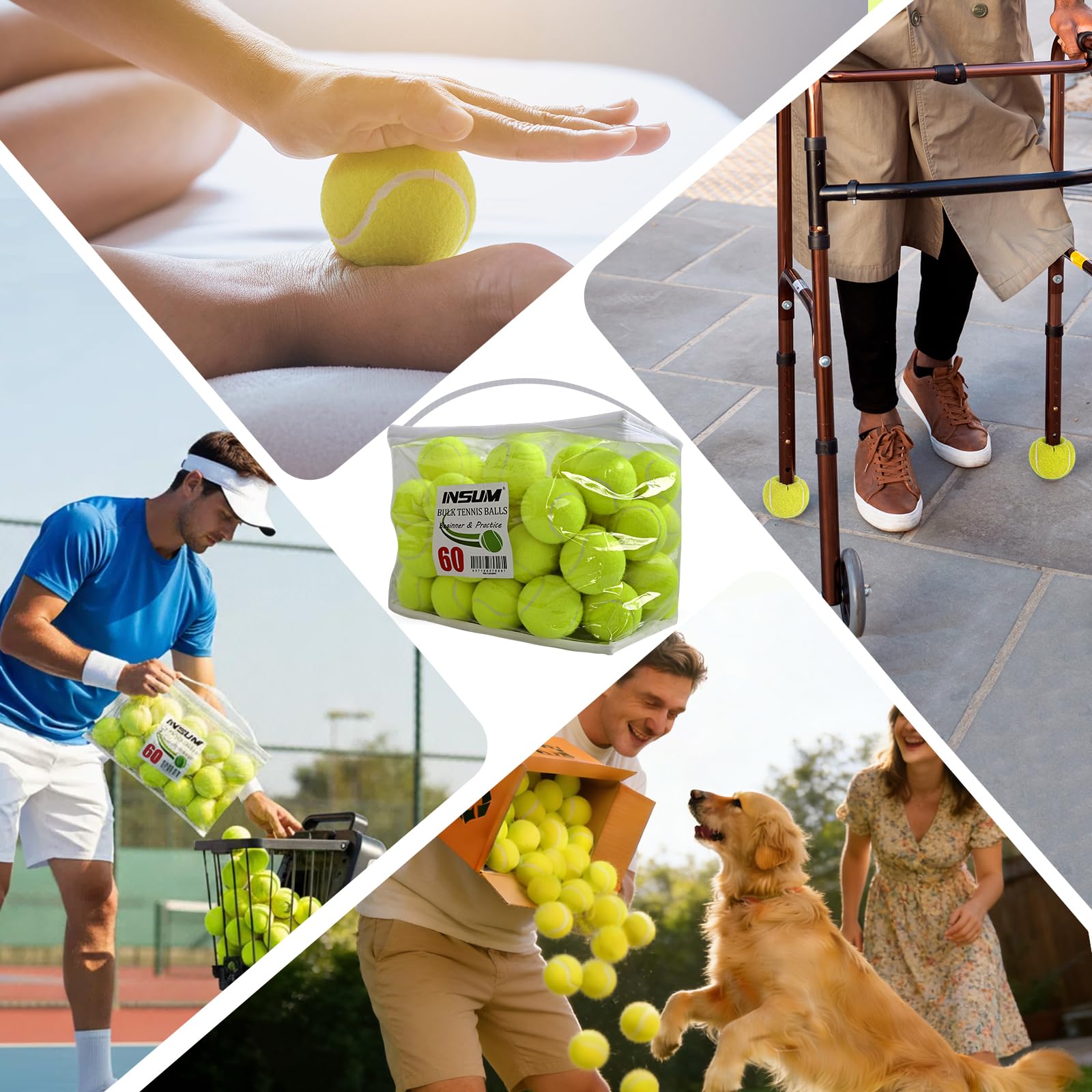 INSUM Tennisbälle für Anfänger, 30/60/120 Stück, hohe Elastizität, Übungs-Tennisbälle mit Netztaschen, tragbar für Haustier, Hund, Outdoor-Spielen, Training, Apportieren