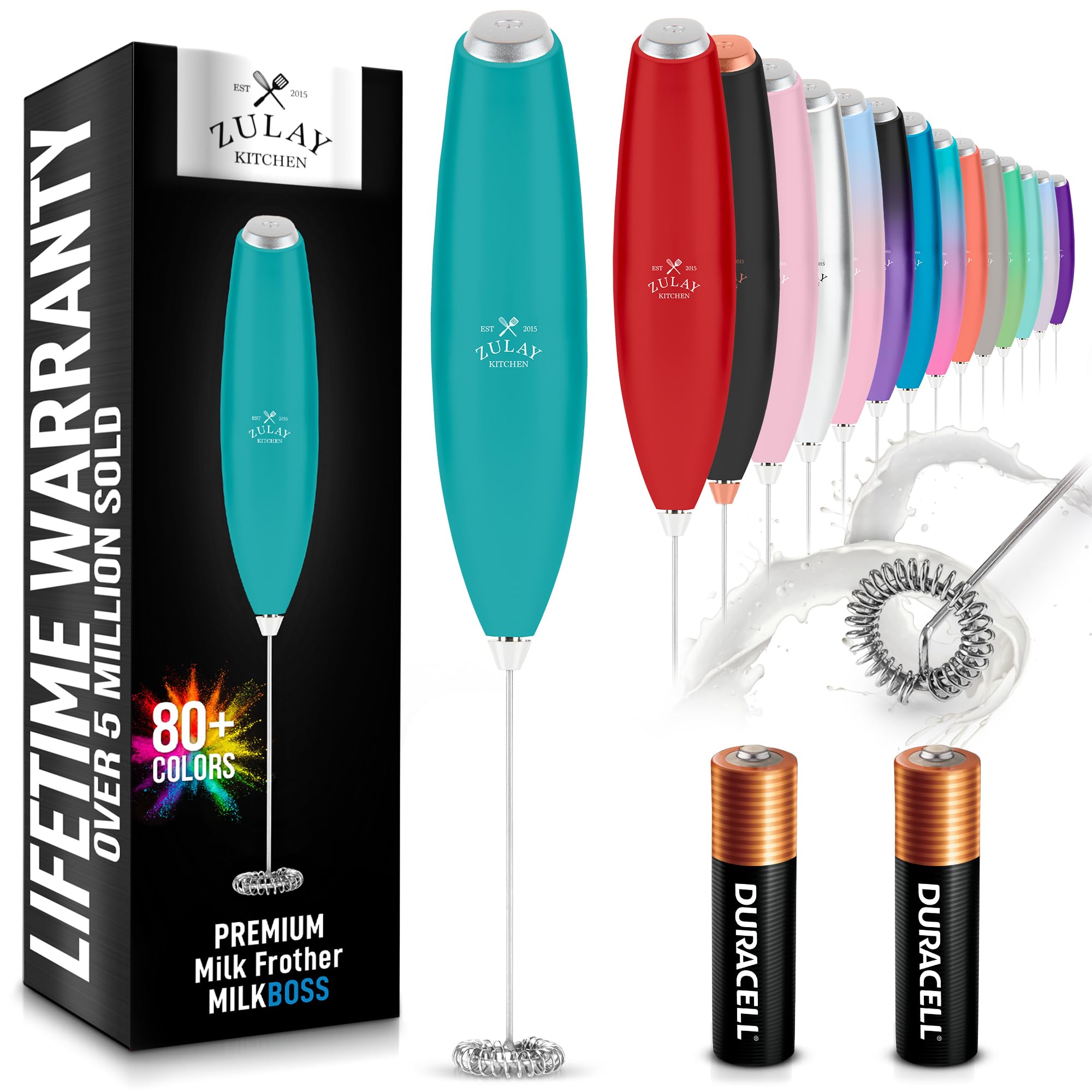 Zulay Kitchen Handheld Milk Frother with Duracell AA Batteries – Ultra Fast Electric Mixer & Foam Maker, Easy-Clean Drink Mixer for Coffee & More - Caribbean Aqua 2B