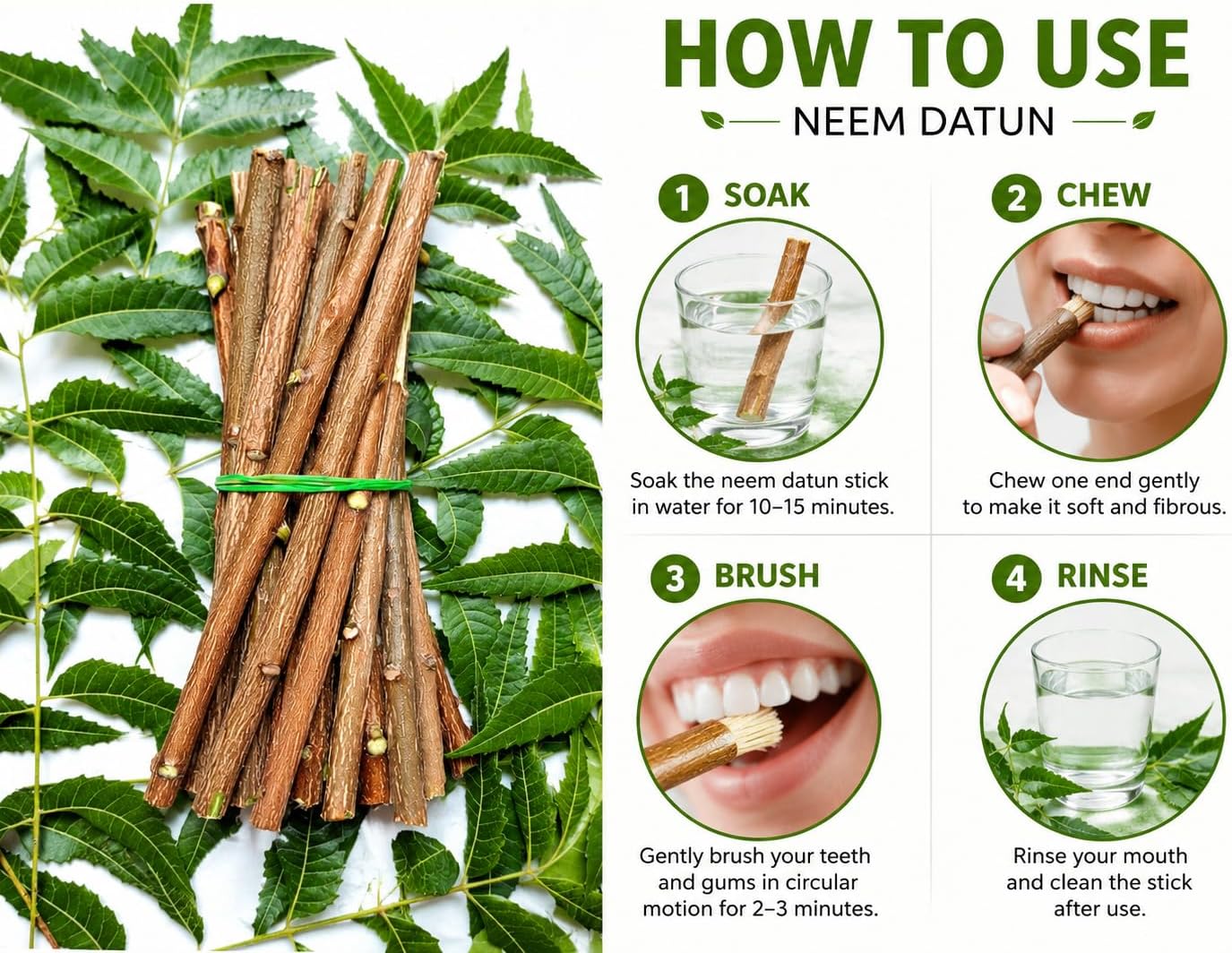 Natural Neem Chew Sticks for Oral Care, Traditional Neem Datun Twigs, Manual Tooth Cleaning Sticks, Natural Toothbrush Alternative, 6-8 Inch, Pack of 10 + 1 Free image 2