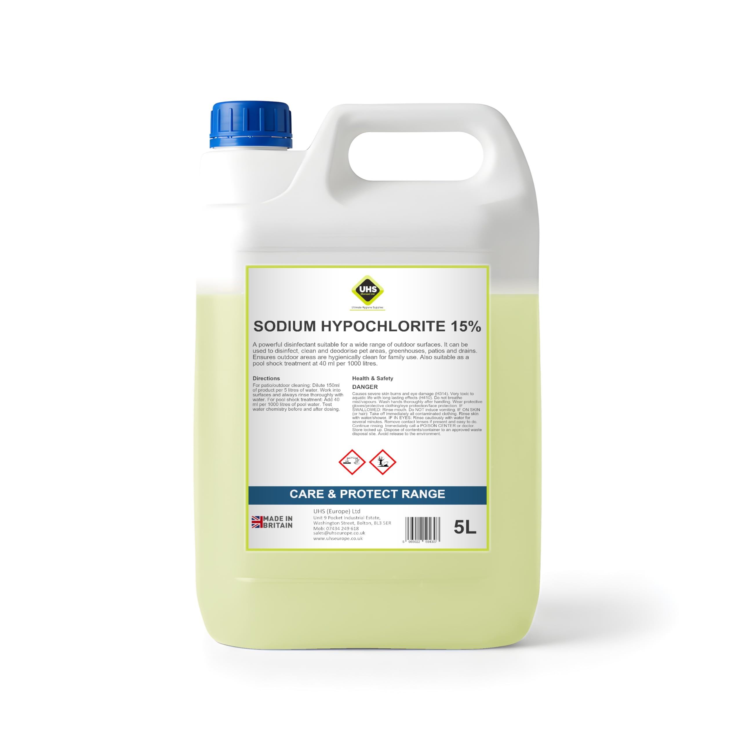 UHS Sodium Hypochlorite 15% 5L | Pool Shock Treatment | Sodium Hypochlorite Patio Cleaner | Block Paving Slab Cleaner | Concentrated Formula 40 ml per 1000 L