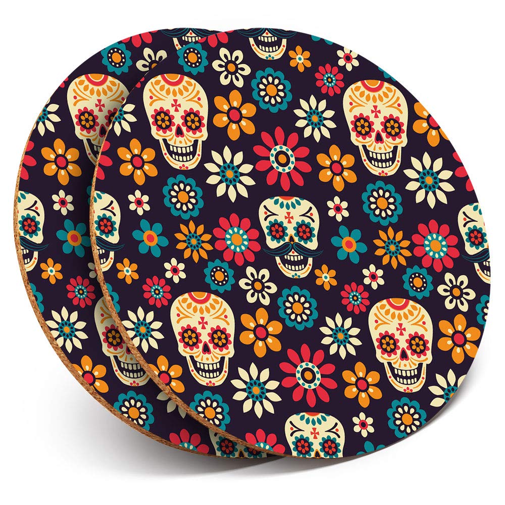 Destination Vinyl Ltd Multicolor 2 X Round Coasters - Flowery Sugar Skull Floral Mexican - Cork Backed Home Kitchen Accessory Tea Coffee Mug Mat #8780