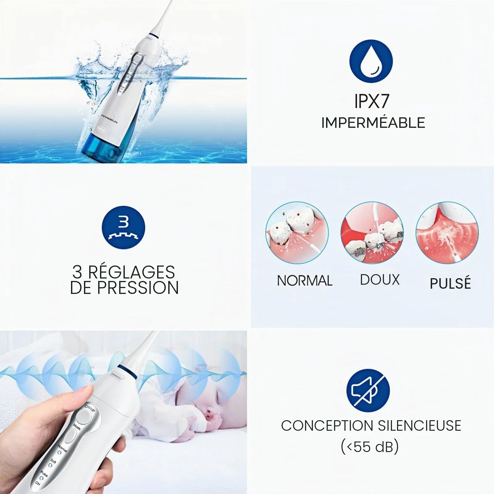 Hangsun Jet Dentaire Hydropulseur Irrigateur Oral, USB Chargé Portable Water Flosser, Réservoir 300 ml et 8 Buses de Jet pour Voyage et Maison HOC700