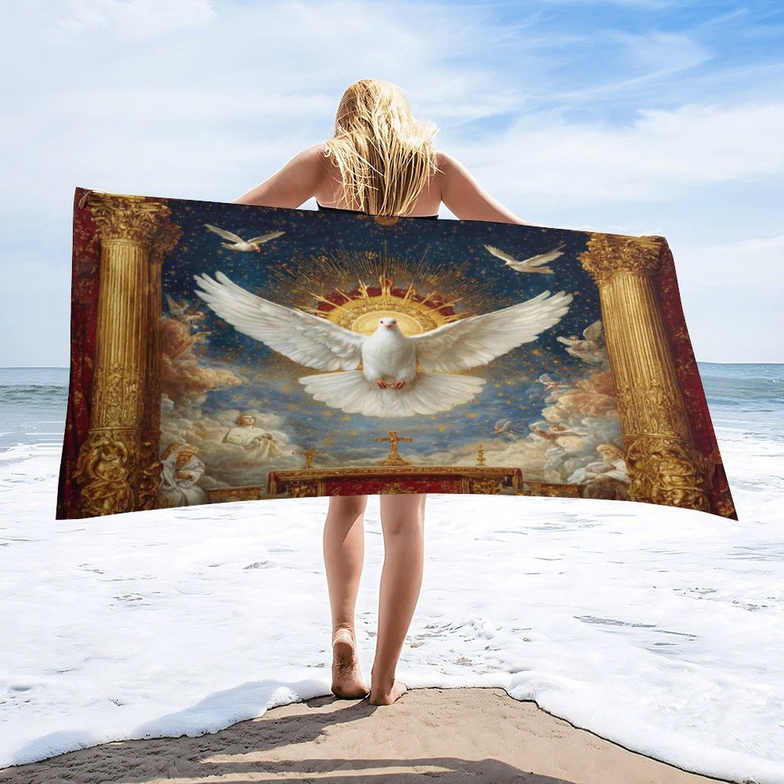 Luyysky Fantasy Rustic Bird Pigeons Quick-Drying Beach Towel, Mid Century Retro Animal Bird Cloud Gold Star Pattern Travel Vacation Single Sided Pile Bathroom Towels-80 W Cm X 160" L Cm