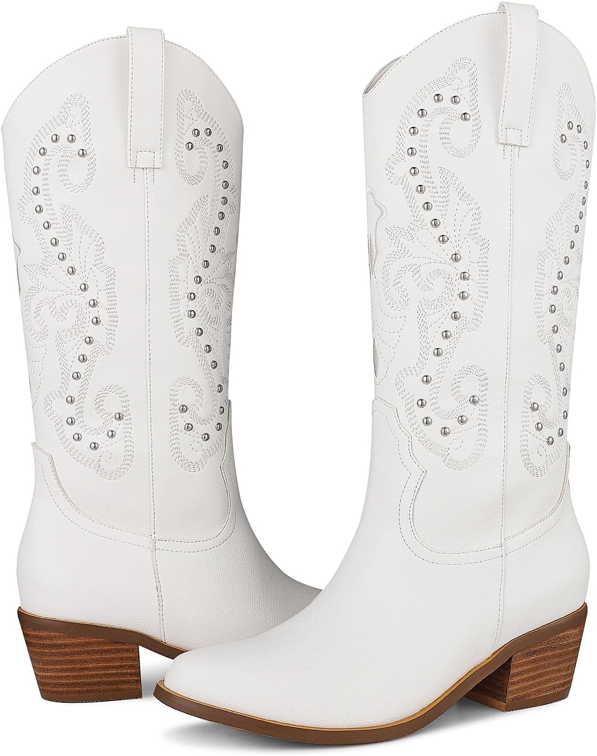 mikarka Cowboy Boots for Women Western Cowgirl Boots Embroidered Pointy Toe Sassy Chunky Heel Modern Ladies Mid Knee High Boots