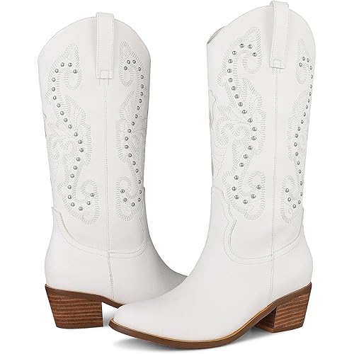 mikarka Cowboy Boots for Women Western Cowgirl Boots Embroidered Pointy Toe Sassy Chunky Heel Modern Ladies Mid Knee High Boots