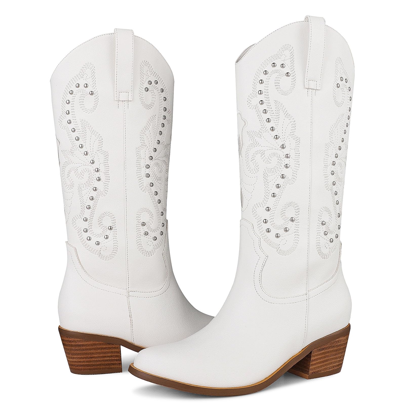 mikarka Cowboy Boots for Women Western Cowgirl Boots Embroidered Pointy Toe Sassy Chunky Heel Modern Ladies Mid Knee High Boots