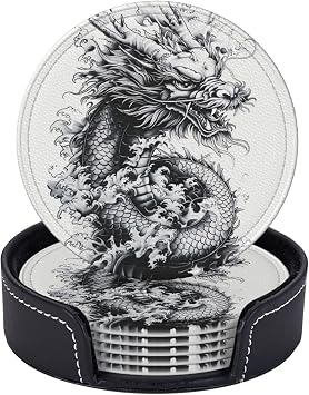 Dragon Coasters Set of 6 Dragon Coasters for Drinks with Holder 6 Pcs Dragon Drink Coasters Sets for Living Room Kitchen Coffee Bar Round Cup Pad Table Coasters
