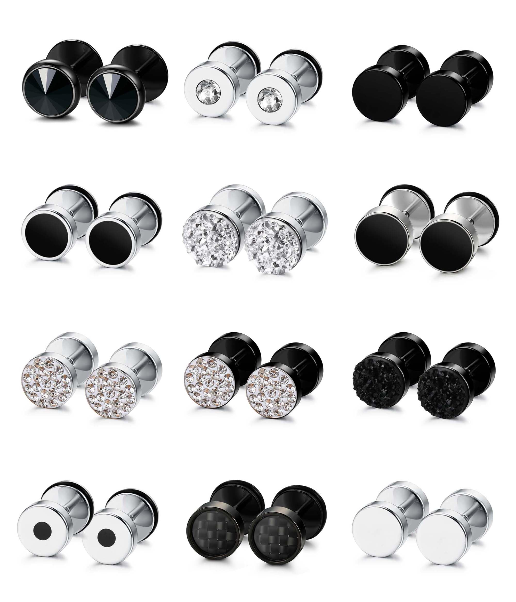JeweBella 12 Pares Pendientes Hombre Acero Inoxidable Negro Plata Pendientes Punk Clásico Redondo Pendientes Fake Plug Orejas Tornillo Barbell Ear Plugs Faux Gauges Ear Tornillo Piercing Oreja 8MM