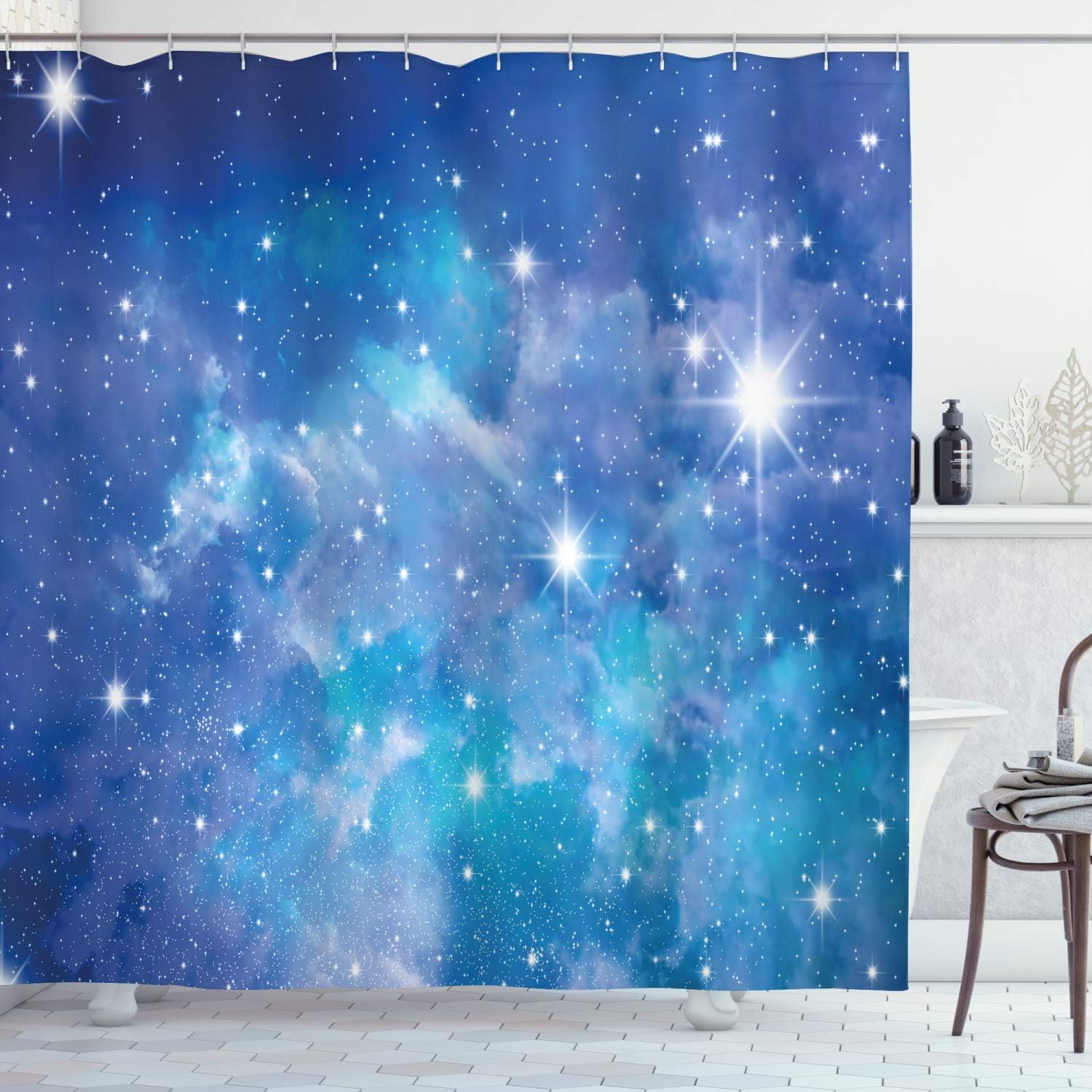 Ambesonne Space Shower Curtain, Vibrant Star Clusters Constellation Ethereal Infinity Picture Image, Cloth Fabric Bathroom Decor Set with Hooks, 69" W x 70" L, Purple Grey Turquoise