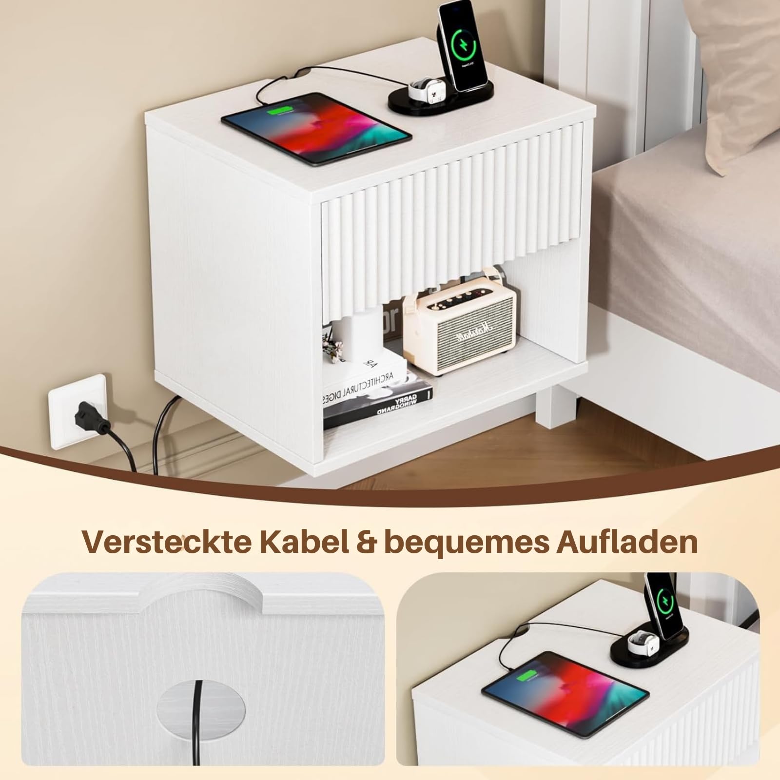 LEADZM Nachttisch Hängend 2er Set, Nachtschrank 40x30x33cm Weiß | Wandregal mit 1 Schublade 1 offenem Fach Wandmontage für Schlafzimmer,Wohnzimmer