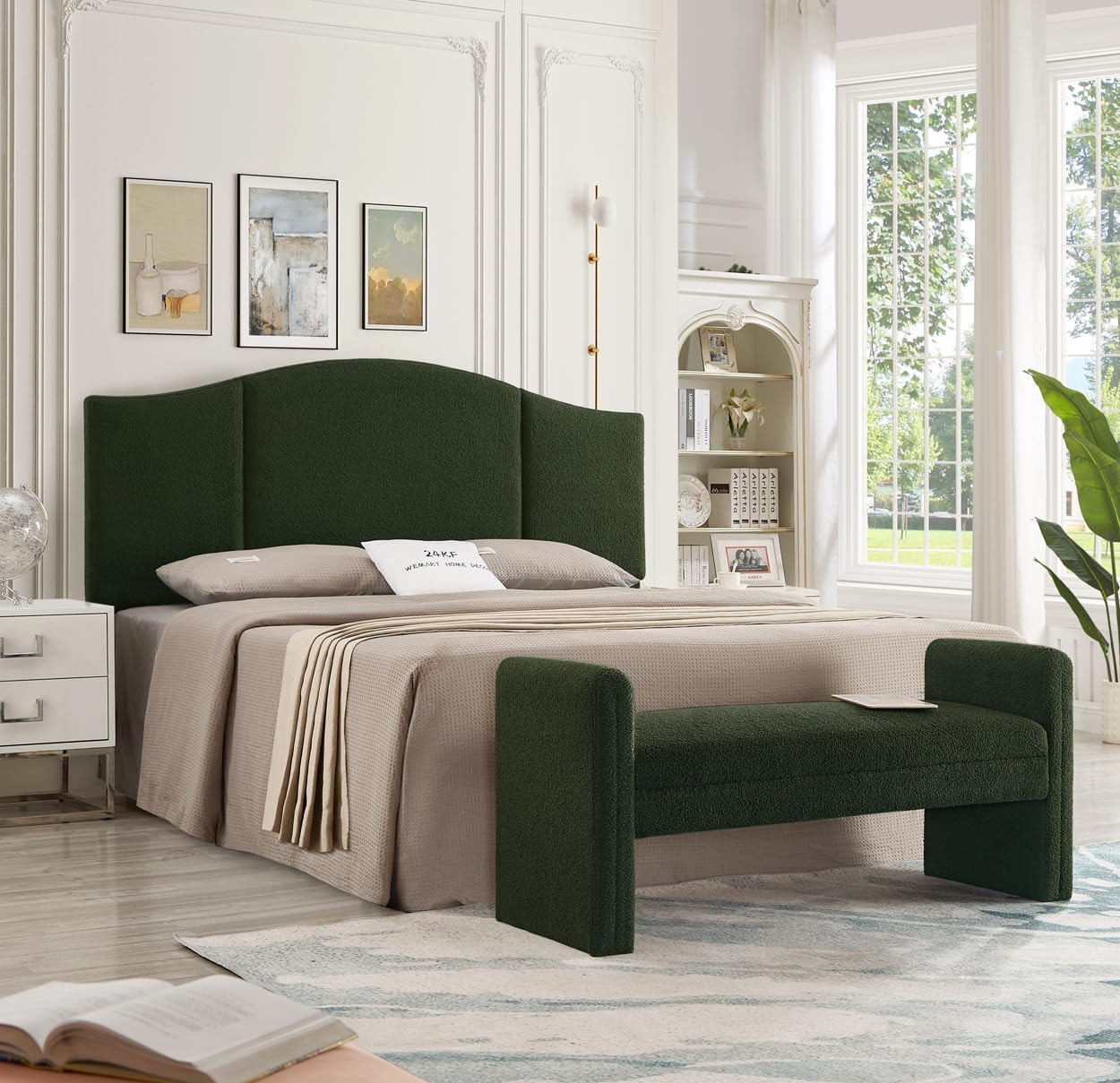 24KF Modern Upholstered Bed Bench Covered with Soft Boucle Teddy Fabric, Lovely Entryway Bench Ottoman with Armrest,5062-Dark Green