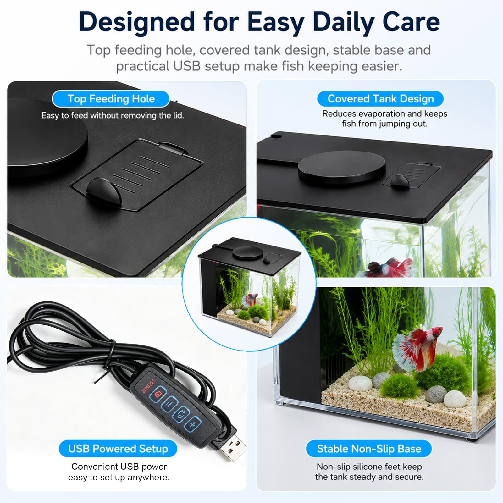 Piccolo acquario Betta da 3,7 l, set completo, mini acquario in acrilico con pompa filtro, illuminazione a LED, ideale per piccoli pesci, gamberetti e piante (nero)