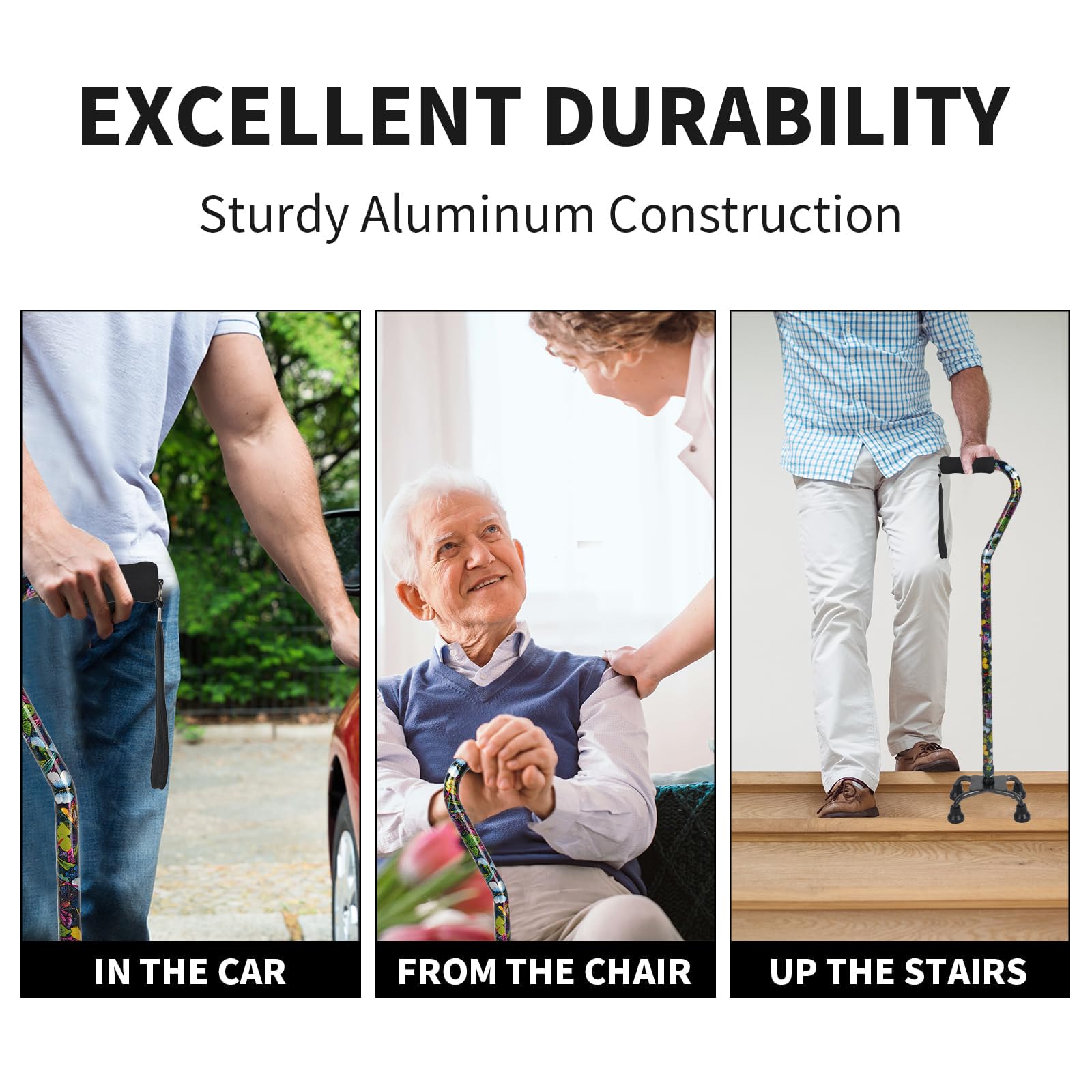 Quad Cane YOKABOZE regulowana laska do chodzenia z 4-zębową podstawą dla dodatkowej stabilności silikonowy uchwyt i wymienna lekka aluminiowa laska do chodzenia dla mężczyzn i kobiet