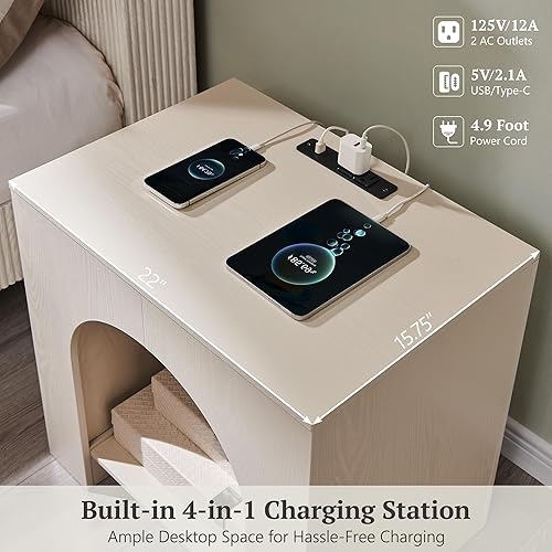 Miniatura 5 de Juego de 2 mesas auxiliares arqueadas con estación de carga tipo C, moderna mesita de noche de dormitorio de 22 pulgadas con estante arqueado, mesa