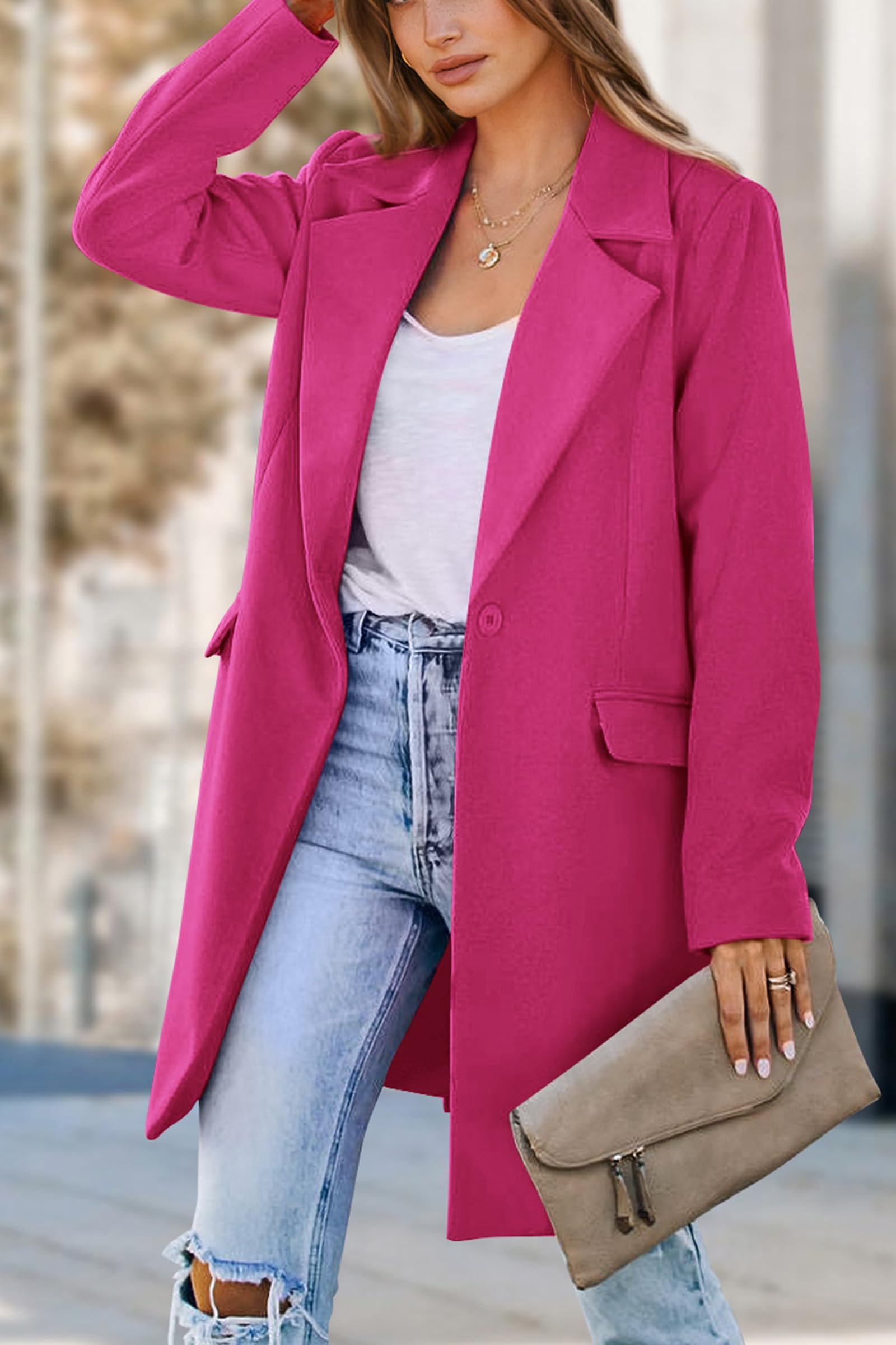 PRETTYGARDEN Women's Business Casual Long Blazer Jackets(Rose Red,S) view 8