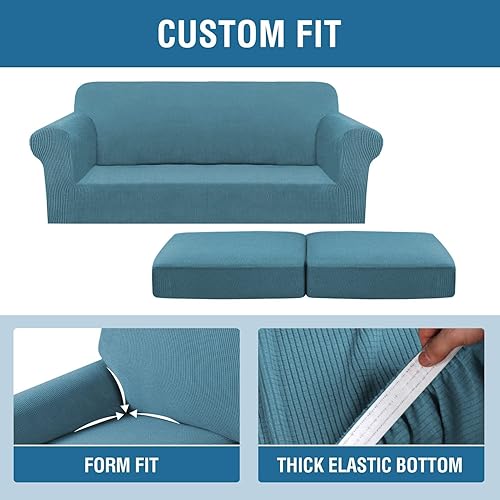 Miniatura 4 de H.VERSAILTEX 3 fundas de sofá elásticas para sofá de 2 cojines para muebles de sala de estar (funda base más 2 fundas de cojín de asiento), tela