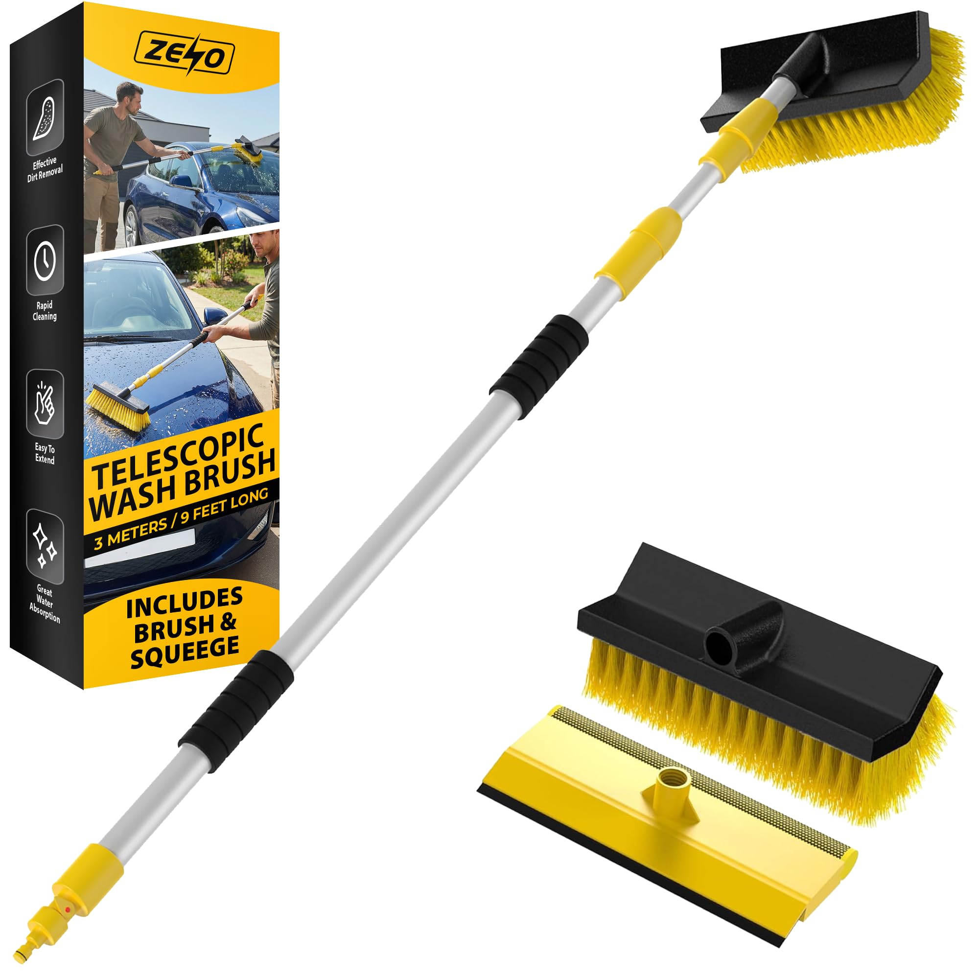 ZENO Telescopic Cleaning Brush | 3 Meter / 9 Feet Extending Window Cleaning Pole | Telescopic Window Cleaner | Washing Kit with Squeegee & Soft Bristle Brush | Ideal for Cars, Vans & Windows