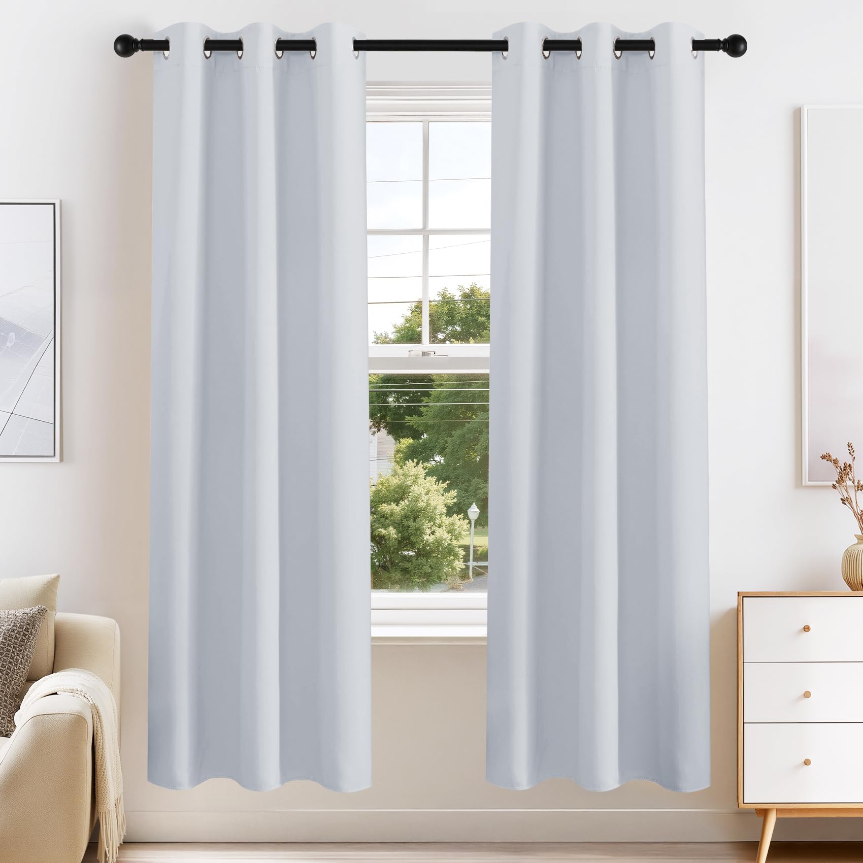 PONY DANCE Greyish White Blackout Curtains for Bedroom 63 Inch Length 2 Pcs