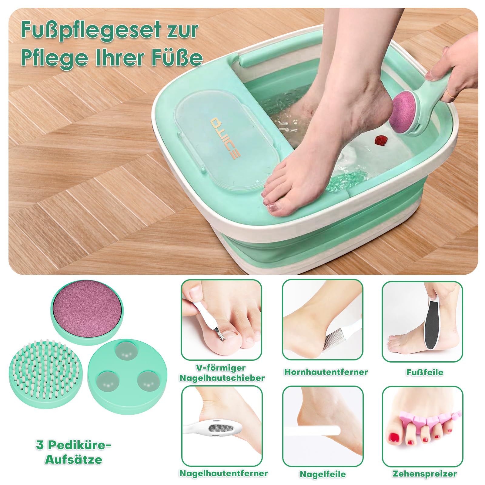 Klappbarer Fußspa-Massagegerät mit Heizer, 3 Pediküre-Aufsätzen, Blasenfunktion, Pediküre-Fußbad mit Pediküre-Set und Griff zur Stresslinderung
