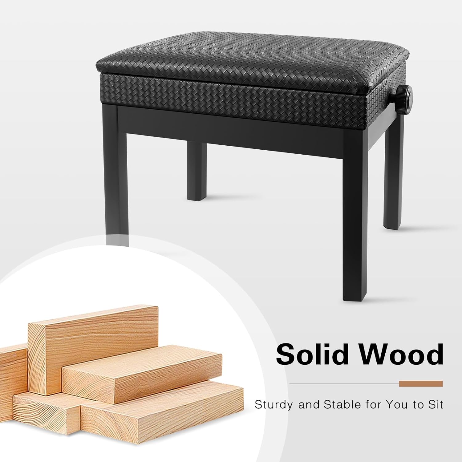 Adjustable Piano Bench with Storage, Waterproof Synthetic Leather Padded Seat, with 2.4 inch Thicken Soft Cushion, Wooden Piano Stand for Keyboards Piano Guitar, 22"x13.4"x21.6" Black