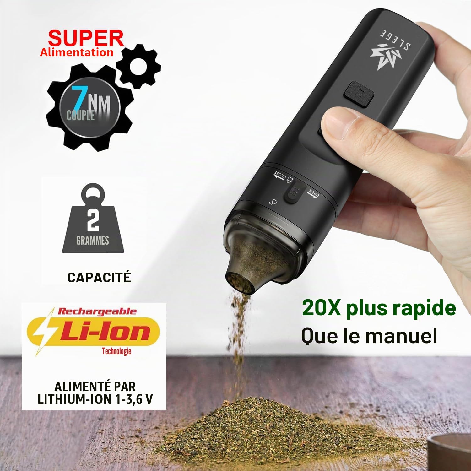 Grinder électrique,Grinder à épices électrique,Portable broyeur épices/pollen,Super Puissance 7 Nm,Broyage bidirectionnel sans blocage,Mouture rapide 1,5 g, Avec trémie,Bol,Tube Conique (noir) USB