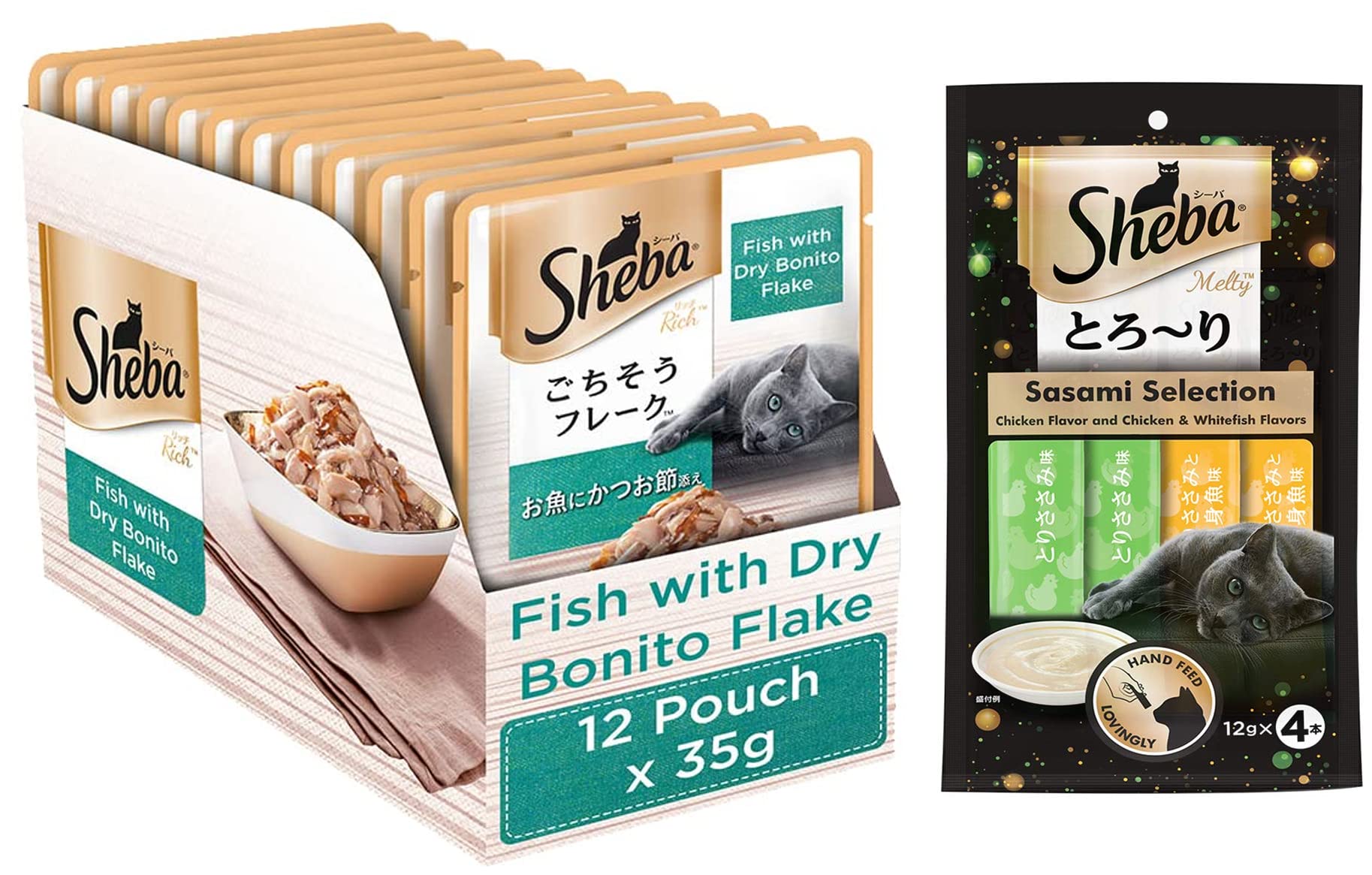 Sheba Premium Wet Food for Adult Cats, Fish with Dry Bonito Flake Flavour, 12 Pouches (12 x 35g)&Sheba All Life Stages Melty Premium Cat Treat, Chicken & Chicken Whitefish Flavour, 48g Pack(4 Sticks) (B092CHBPST) Amazon Price History, Amazon Price Tracker