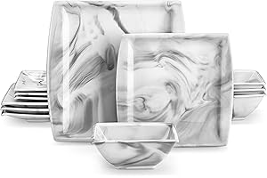 MALACASA Marble Grey 12-Piece Plates and Bowls Sets: Square Kitchenware for Four
