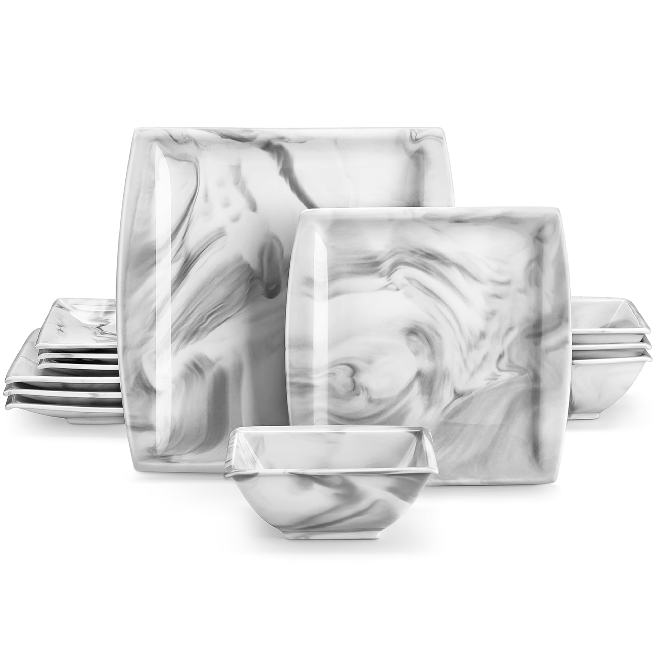 MALACASA Plates and Bowls Sets, 12-Piece Porcelain Dinnerware Sets for 4, Square Plates and Bowls for Dessert, Salad and Soup, Ceramic Dishes Dining Dishware Set, Marble Grey, Series Blance