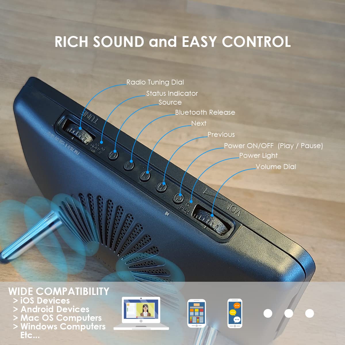 Trenbader Bravo Gallery - Marco de fotos Bluetooth para altavoz Bluetooth, radio FM para estante de escritorio de oficina en casa, marco de fotos personalizado de 7 pulgadas, caja de sonido de audio para personalizar la pantalla, color negro 5