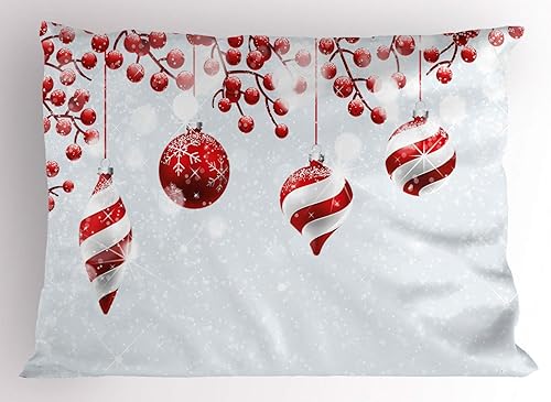 Ambesonne Funda de almohada de Navidad, diseño tradicional de ramas de bayas de acebo, estampado de nieve y efecto bokeh, funda de almohada