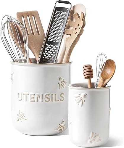 LE TAUCI Soporte para utensilios, de cerámica de 6.9 + 5.3 pulgadas para encimera, organizador de utensilios de cocina en relieve para espátula y