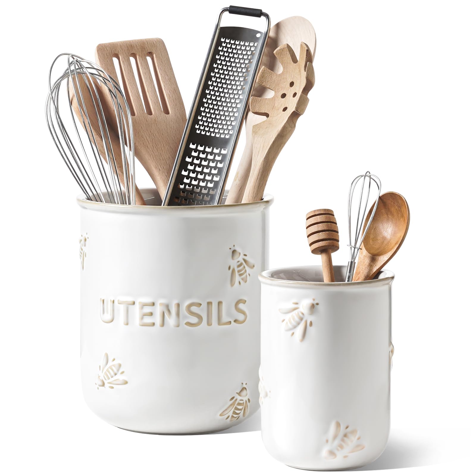 LE TAUCI Portautensili, 17,5 cm + 13,5 cm, in ceramica, per piano di lavoro, organizer per utensili da cucina in rilievo, per spatola e cucchiaio, decorazione da cucina, set di 2, bianco artico