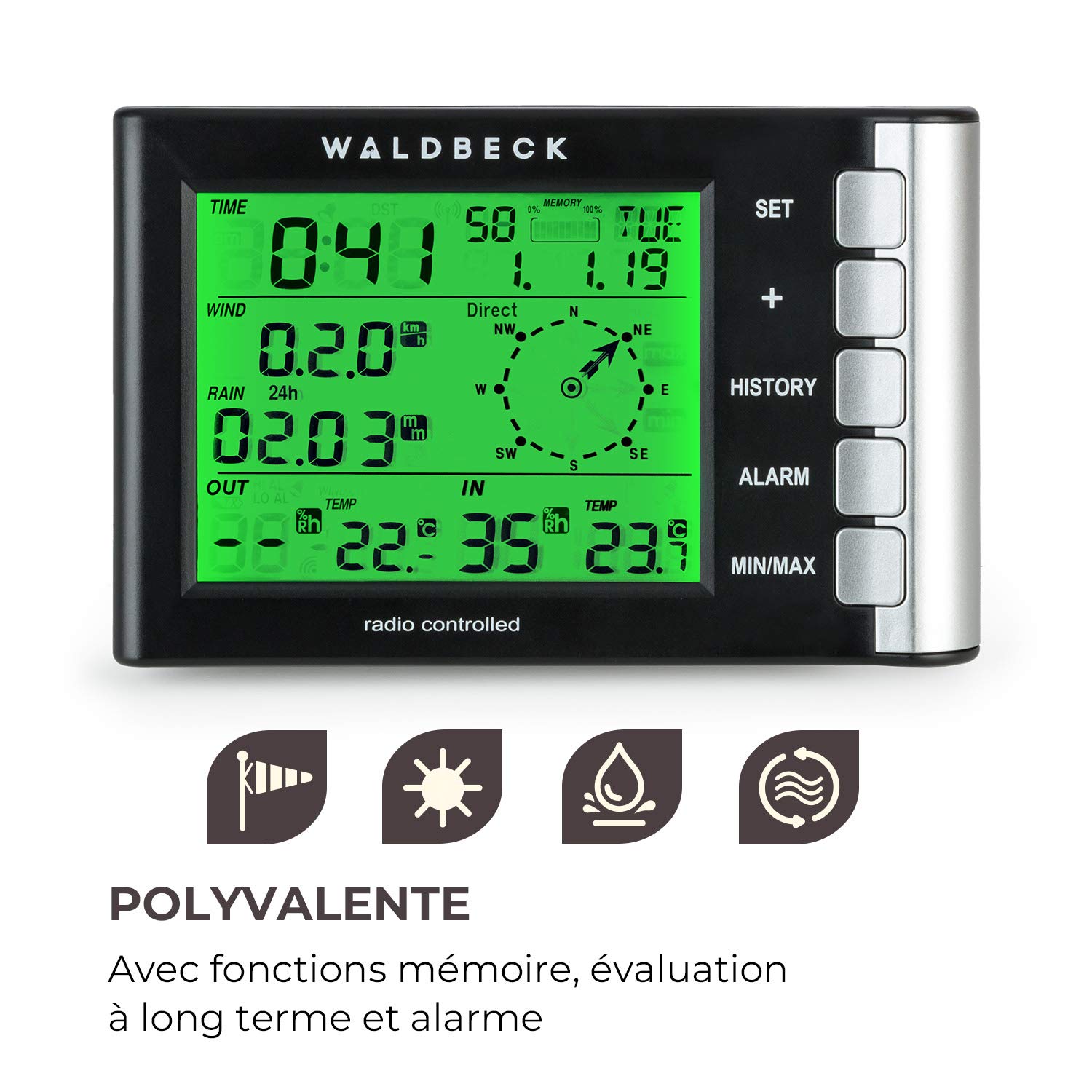Waldbeck Kopernikus Wetterstation, Funkübertragung, LCD-Display, Innen- und Außentemperatur, Niederschlag, Luftfeuchte, Luftdruck, Windrichtung, Windgeschwindigkeit, inkl. Solarpanel, weiß