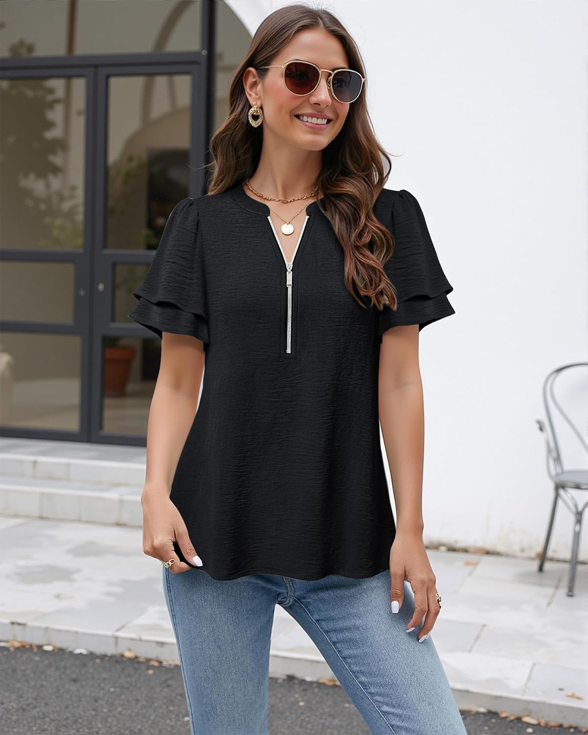 Gaharu Womens Dressy Casual Shirts Ruffle Short Sleeve Zipper V Neck Tops Work Business Office Blouse - Image 4