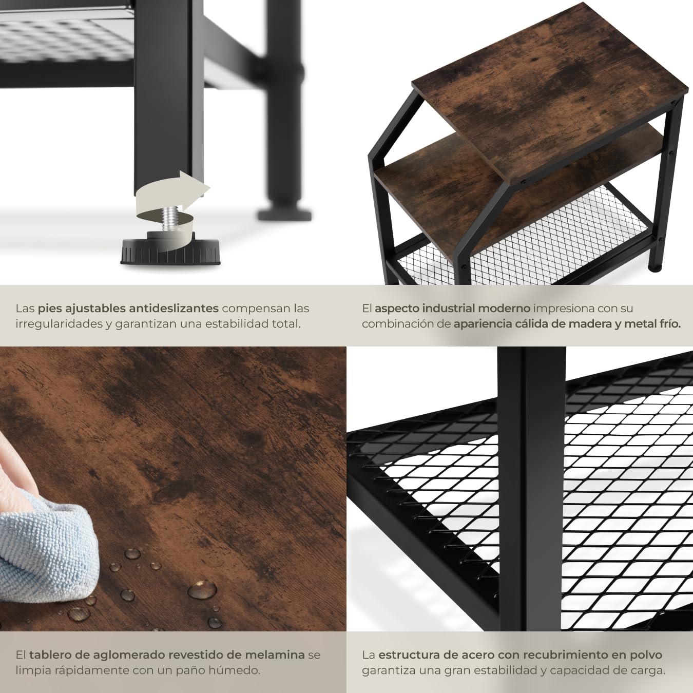 tectake® Mesa Auxiliar Madera y Acero, 2 Estantes, Mueble Auxiliar Salon, Dormitorio y Oficina, Decoracion Hogar, Mesitas de Noche - 58,5 x 36,5 x 59,5 cm Madera Industrial Oscura, Rústica