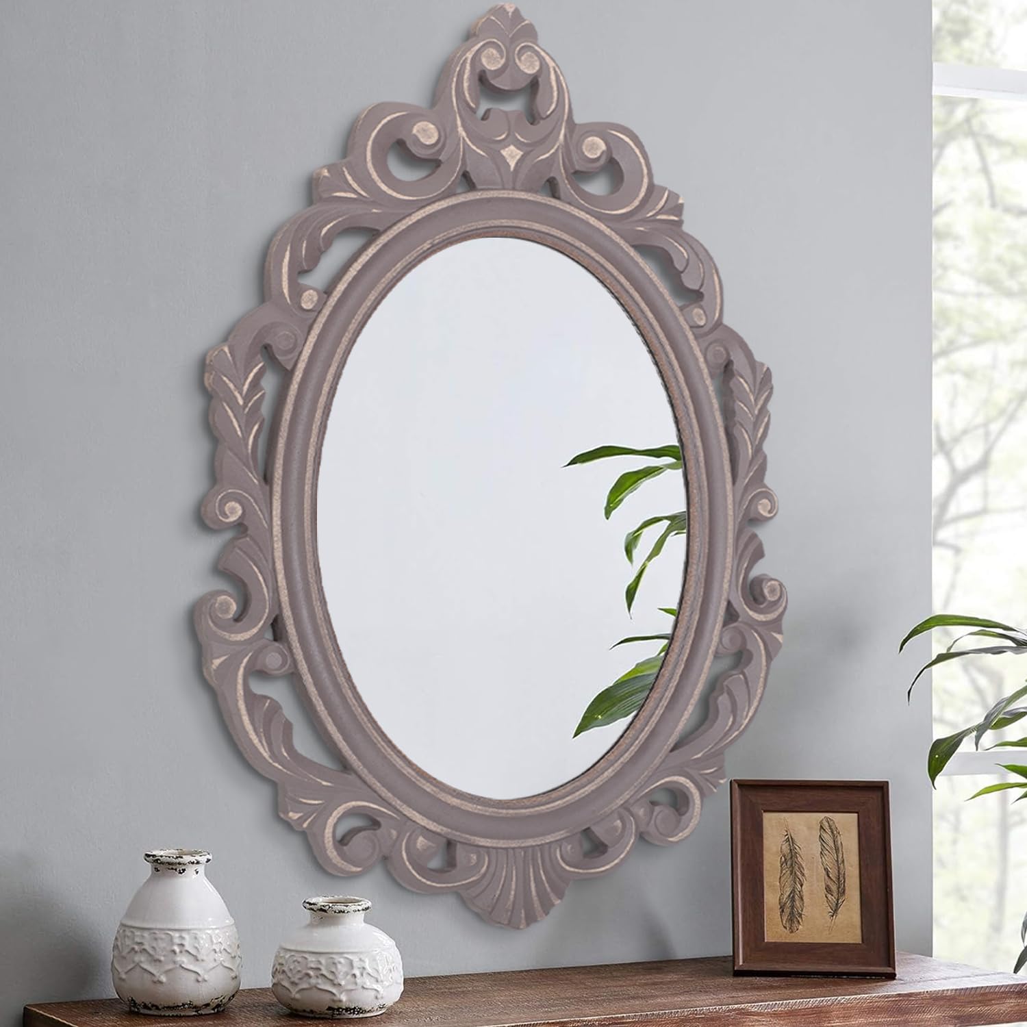 Antieke ovale houten spiegel - Blue Moon Vintage