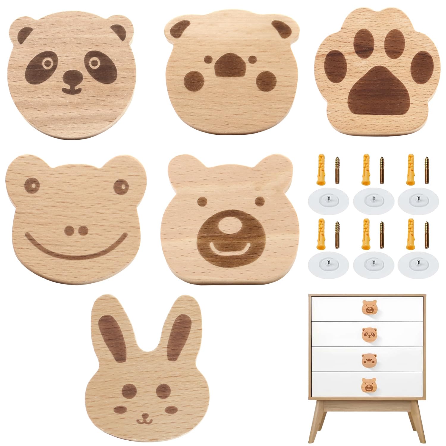 Pomelli per Mobili Bambini Animali, 6 Pezzi in Legno per Armadi Cassetti Comodino