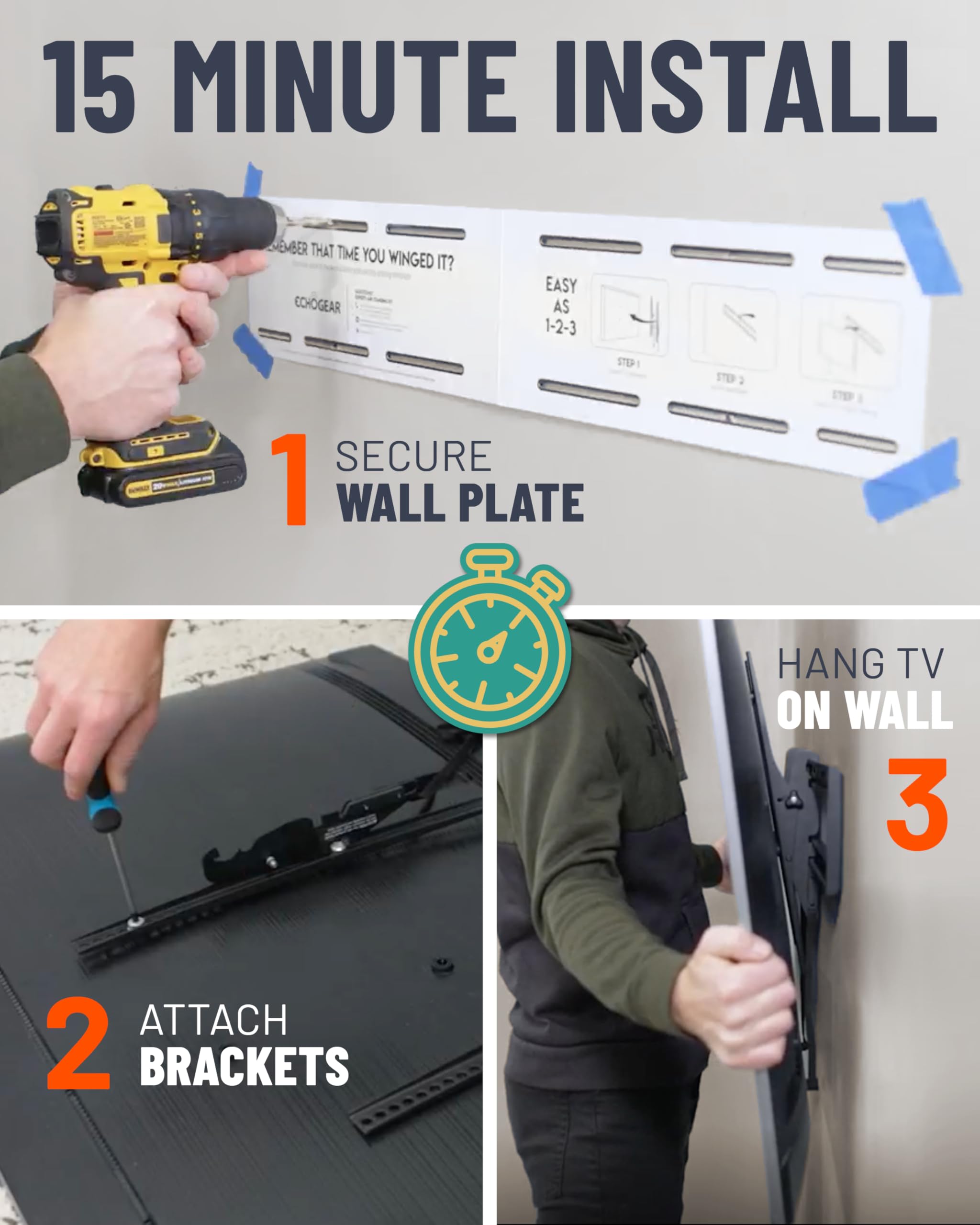 ECHGOGEAR XL Tilting TV Wall Mount for 42” to 95” TVs up to 130lbs – Reduce Glare w/ 10 deg Tilt - Universal TV Mount w/Easy DIY Install, Foldable Bracket, Drilling Template & Included Hardware