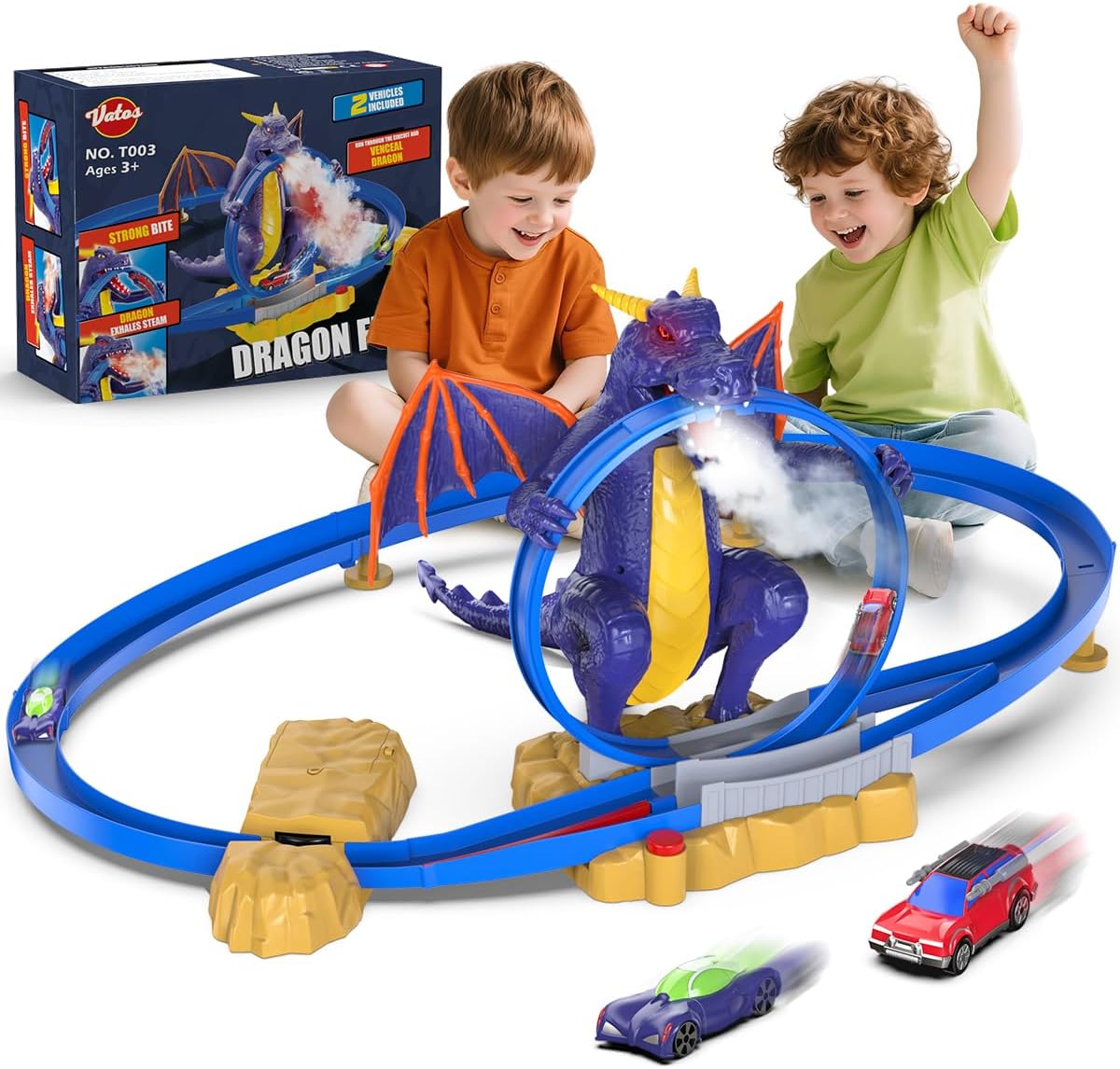 VATOS Dragon Slot Track Cars Set Toys - Racing Car Toy with Light & Spray, 4-7 Years Old Boy Girls Toys, Activity Indoor Kids Track Race Car Gifts
