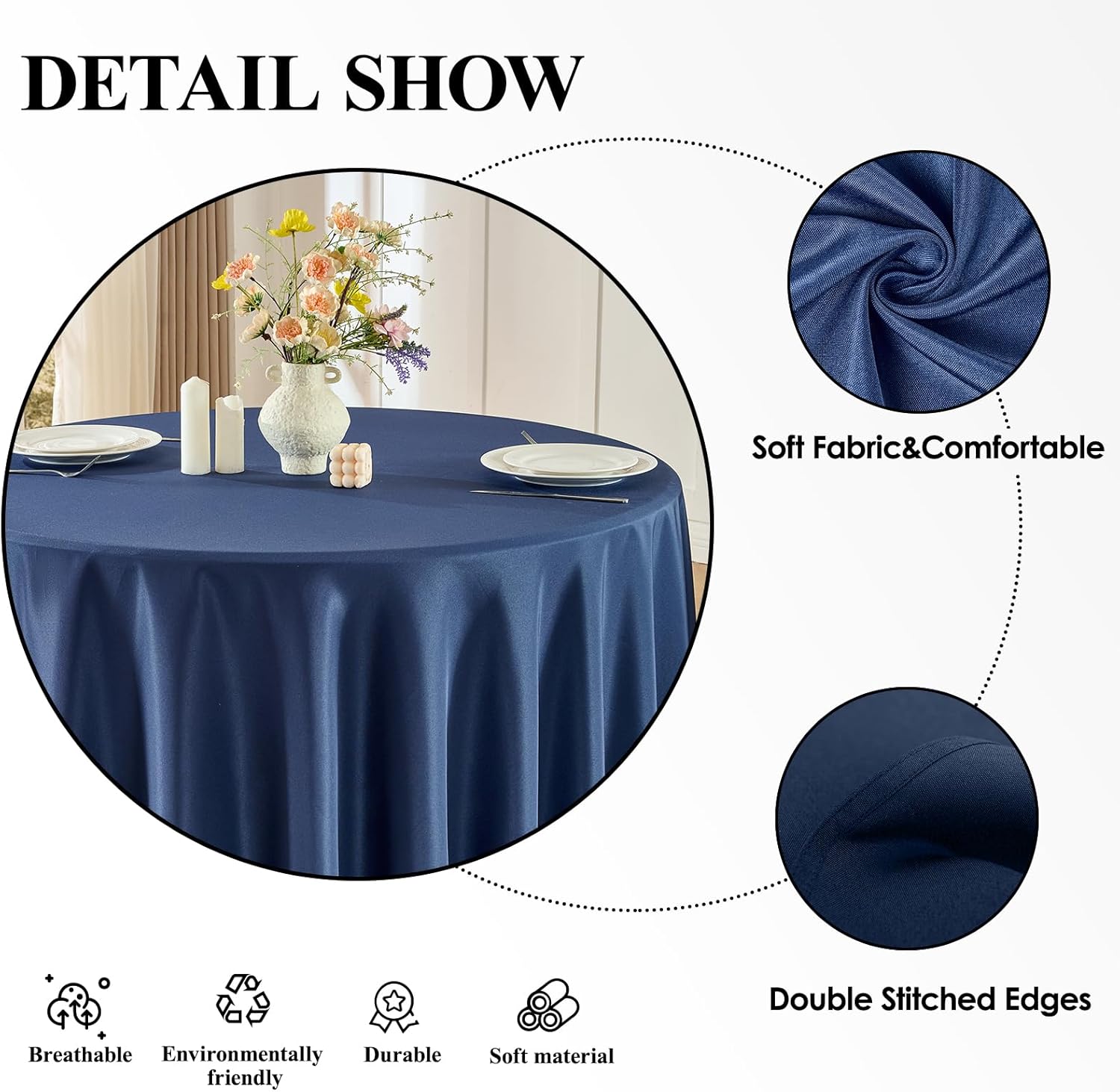 Round Tablecloth 120 Inch Tablecloth 2 Pack Navy Blue Table Cloths Washable Decorative Linen Polyester TableClothes Cover for Dining Table Banquets Buffet Parties and Wedding thumbnail