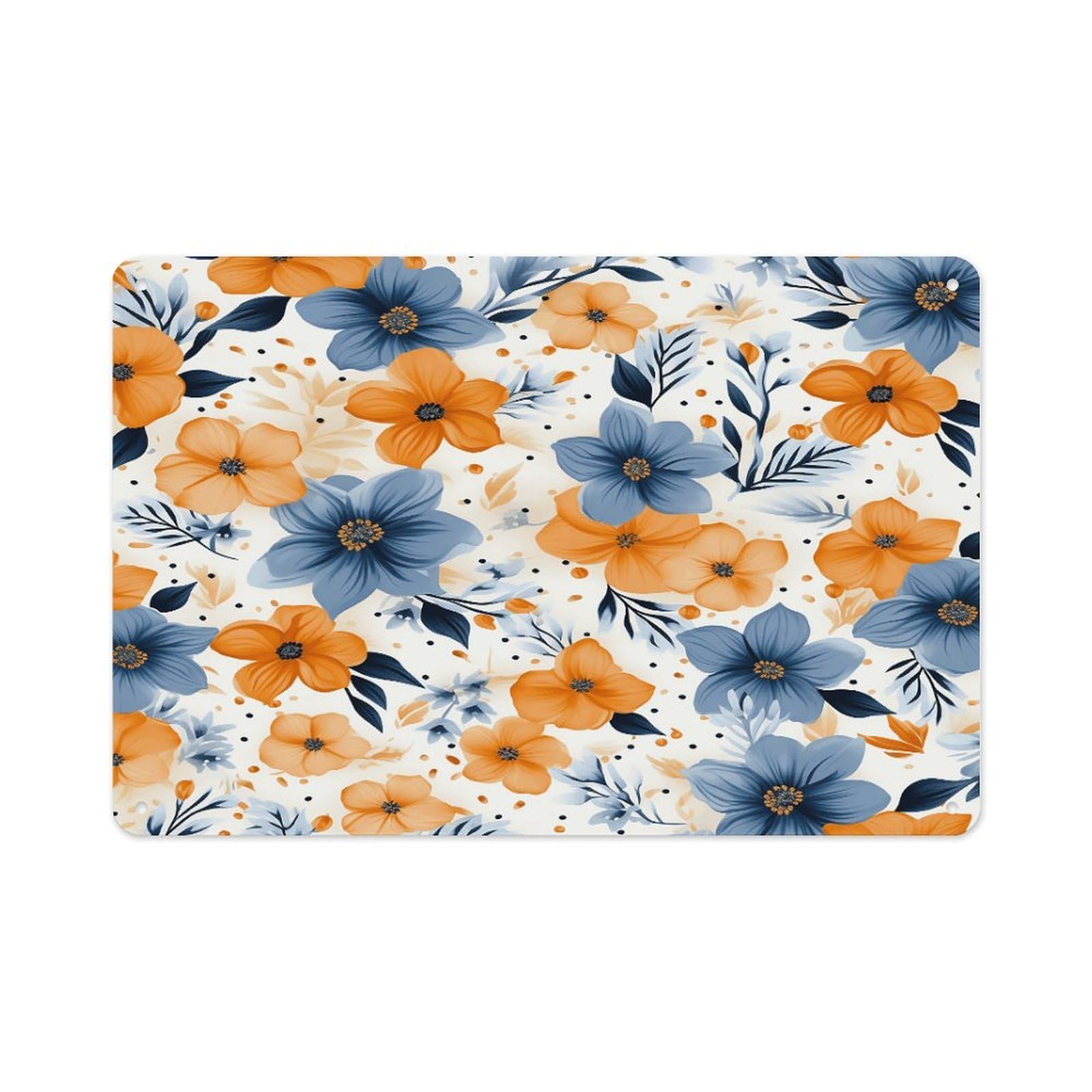 VstaDank Metal Aluminum Blue And Orange Flowers on White Background Sign Wall Decor Vintage Metal Sign Plaque Boho Wall Hanging Decor Sublimation Picture Panel Personalized Plaque Poster 8x12in