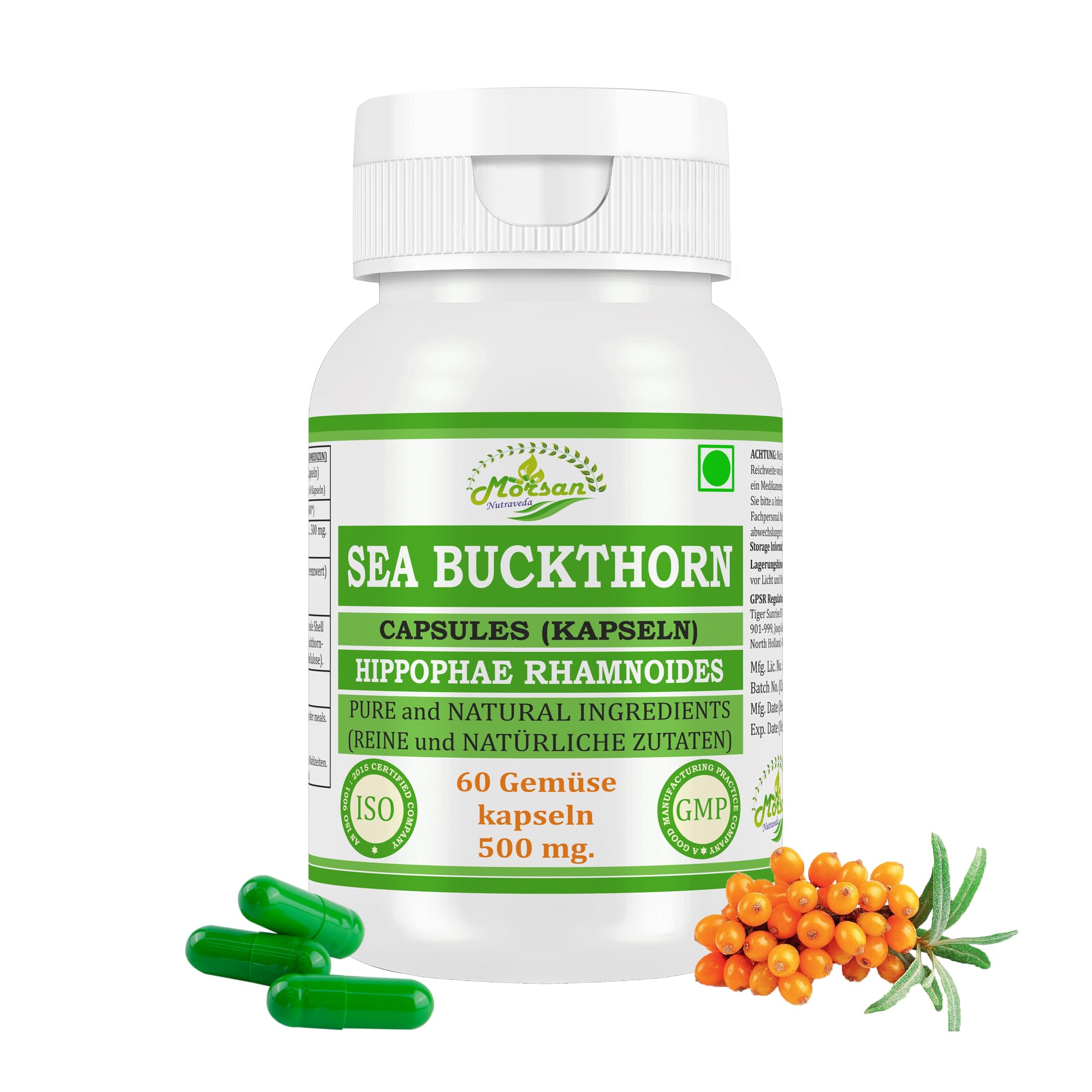 Sea Buchthorn-Kapseln 500 mg. 60 Veganer. Einheiten | Sea Buchthorn (Hippophae rhamnoides) Extrakt-Kapseln für Männer und Frauen | Ayurvedische Kräuterergänzung/Heilmittel (2 Flasche mit 60 Kapseln)