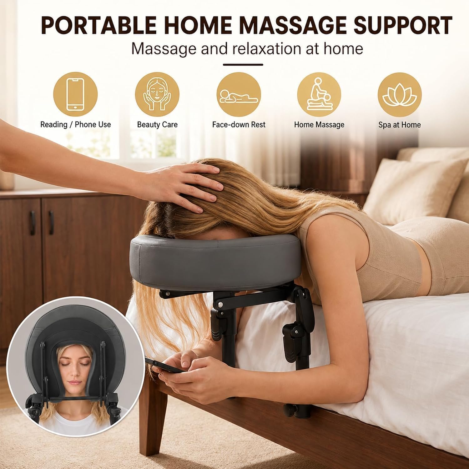 Massage Headrest for Bed with U-Shaped Memory Foam Pillow, Waterproof Leather Face Down Cradle, 7.8-16in Height and Angle Adjustable Support for Spa, Beauty, and Home Care, Grey