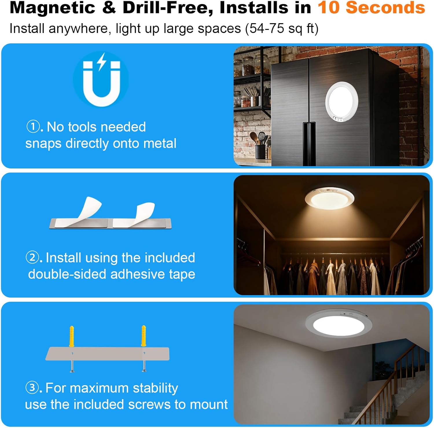 Wireless Motion Sensor Ceiling Light, 7.5" Ultra-Thin, 8000mAh Rechargeable, 450LM, 5 Color Temps, Dimmable with Timer & Remote, Magnetic Stick-On/Screw Mount for Closet, Hallway, 2-Pack